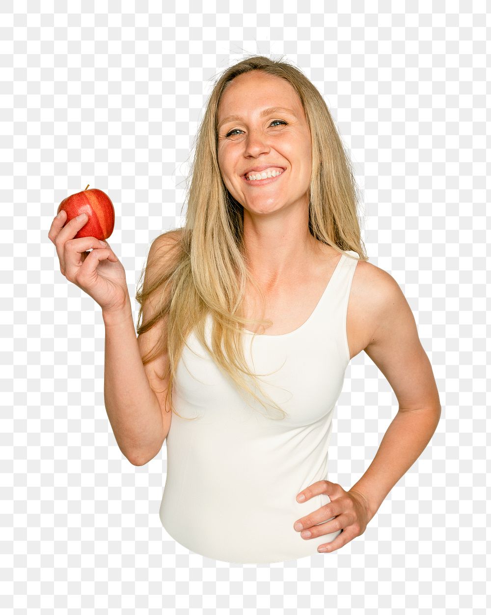 Png woman holding apple sticker, transparent background