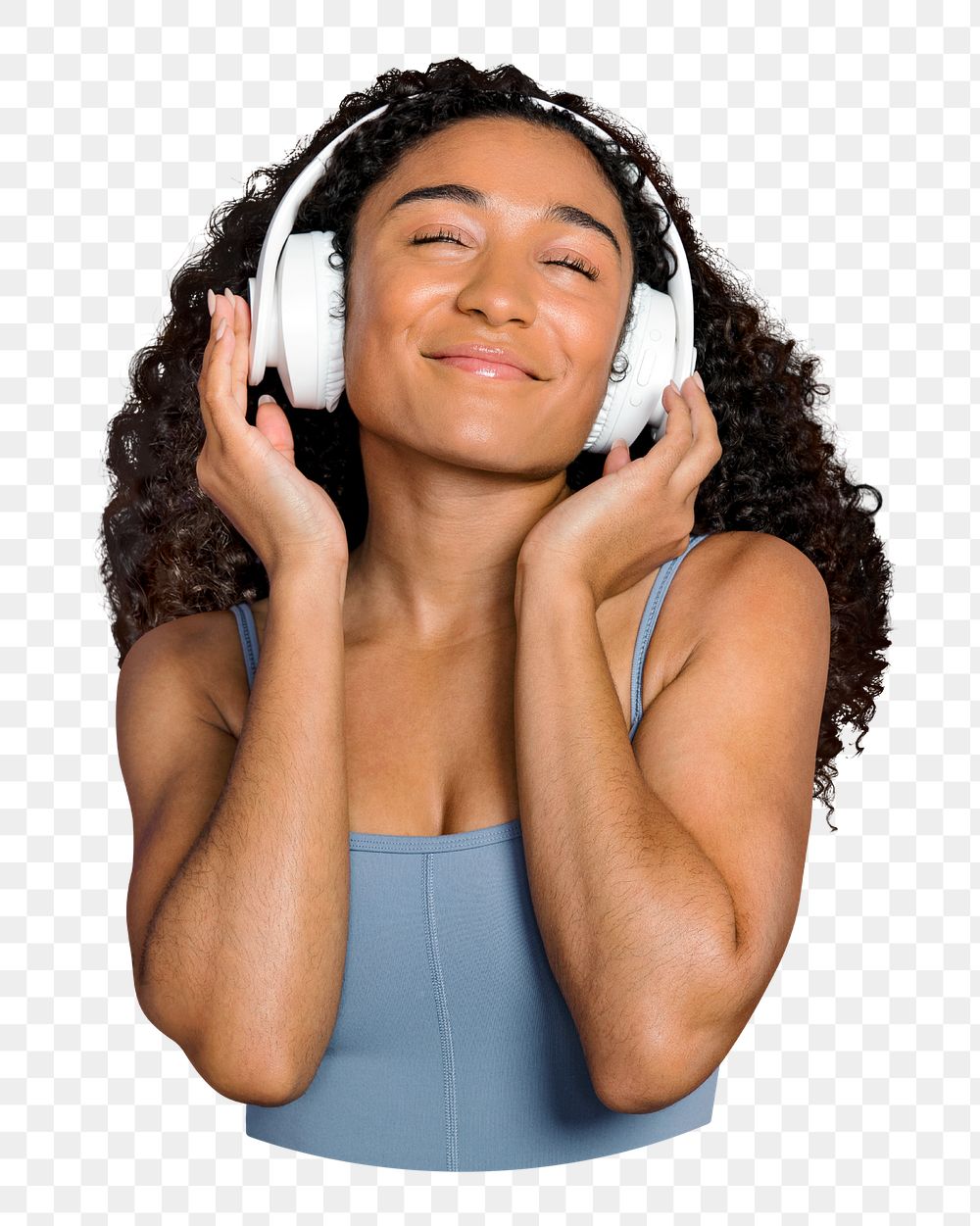 Png woman with headphones sticker, transparent background