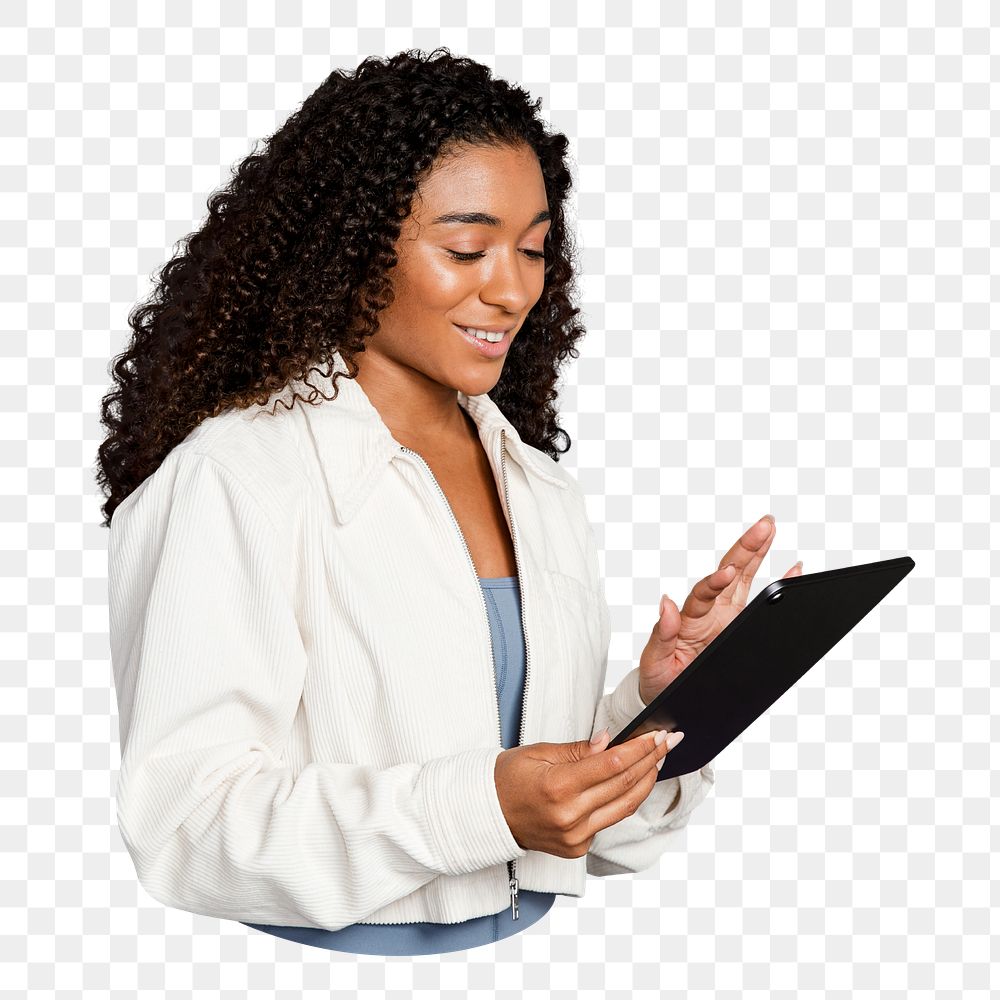 Png woman holding tablet sticker, transparent background