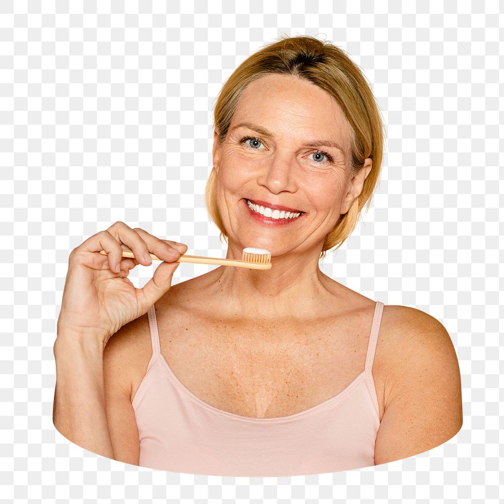 Woman brushing teeth png sticker, dental care transparent background