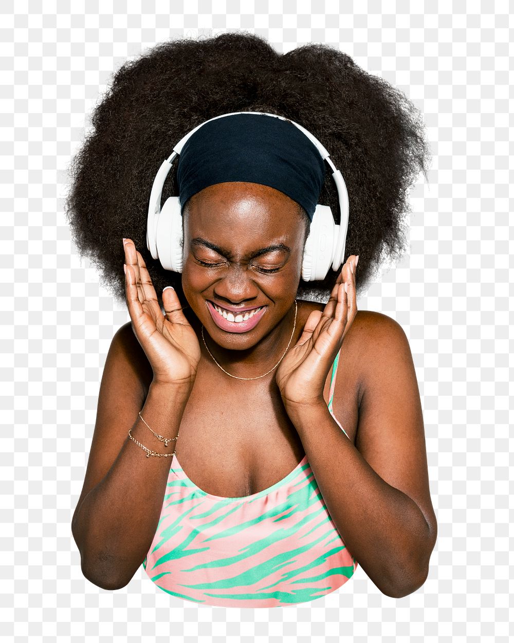 Png woman listen to music sticker, transparent background