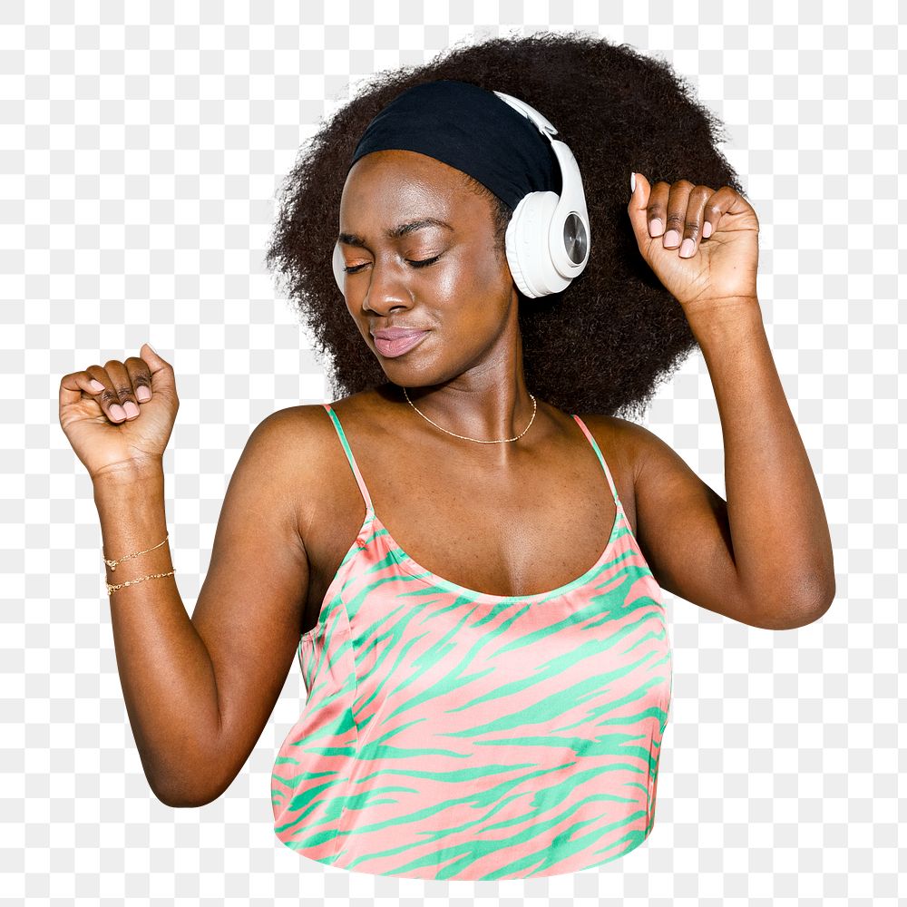 Woman dancing png sticker, with headphones, transparent background