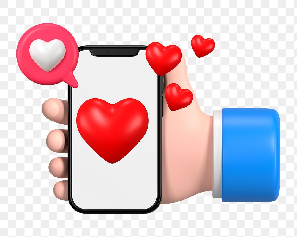 Online dating app png 3D rendering, hand holding smartphone illustration on transparent background