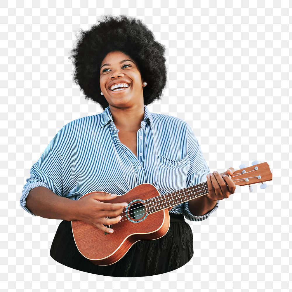 Png woman playing guitar sticker, transparent background