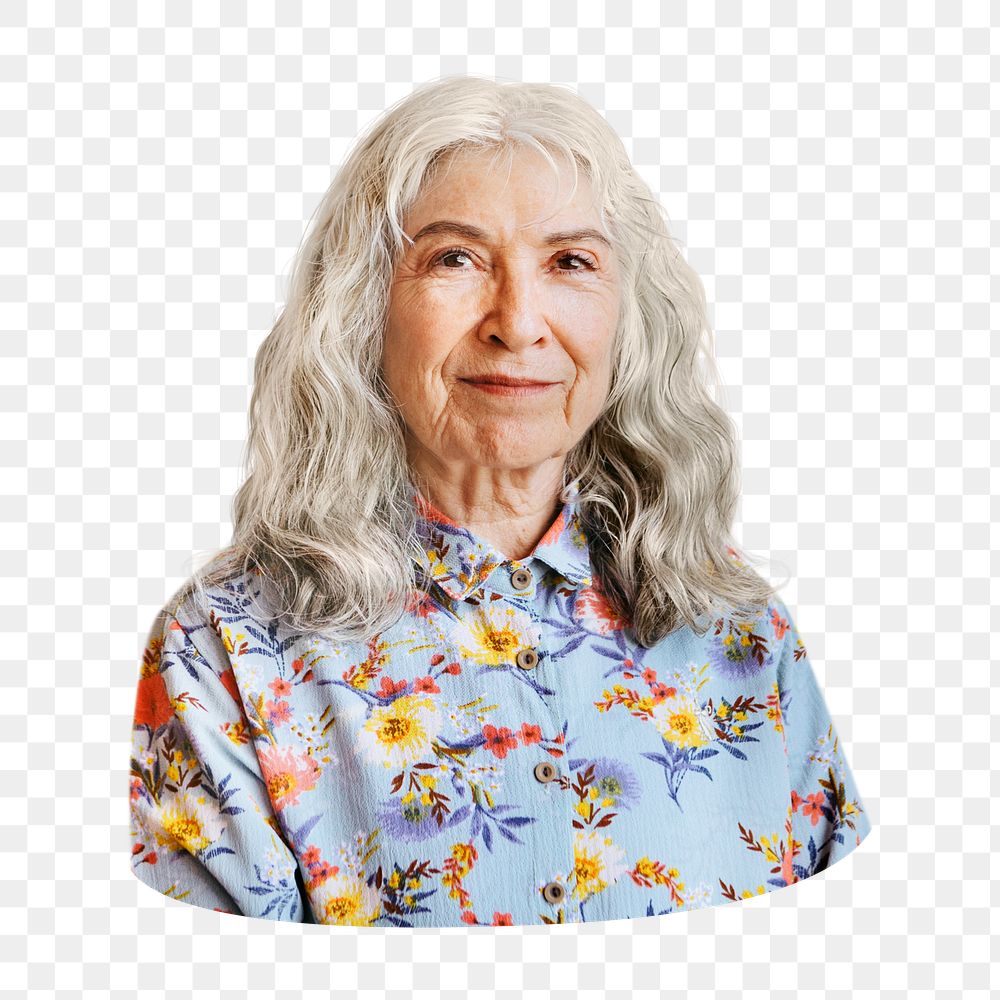 Cheerful senior woman png sticker, transparent background