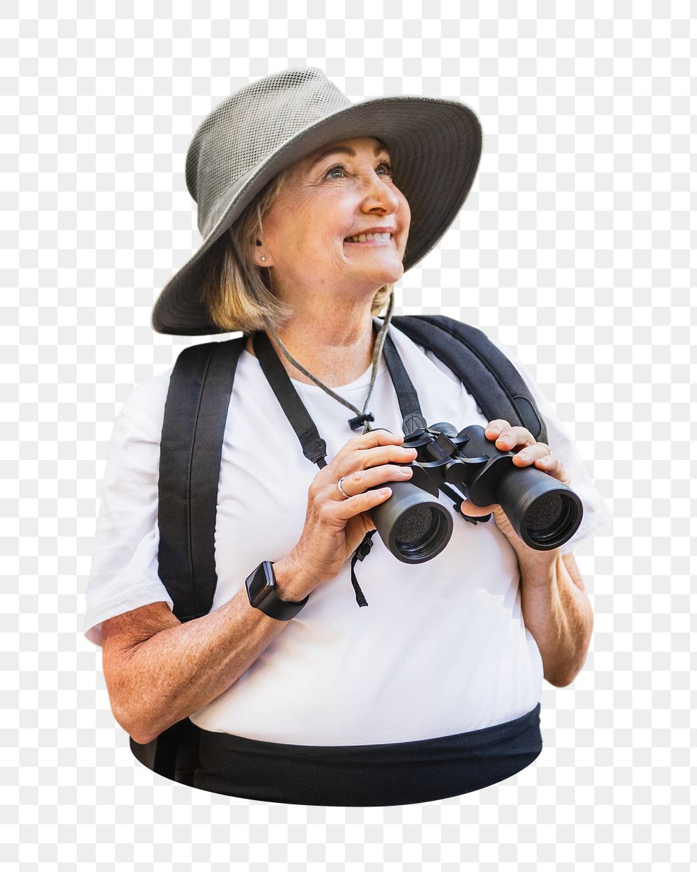 Png senior woman birdwatching sticker, transparent background