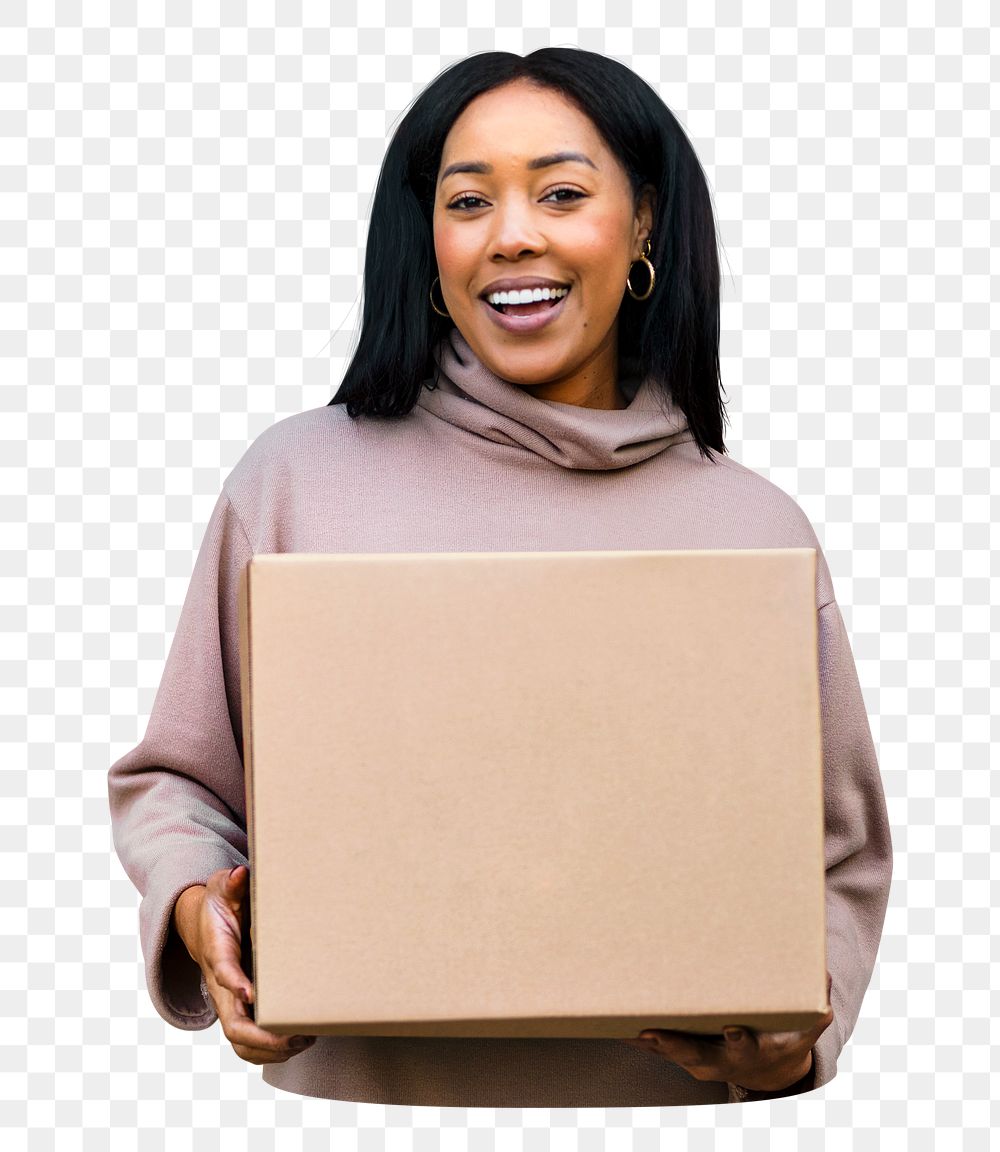 Happy woman png carrying box, transparent background