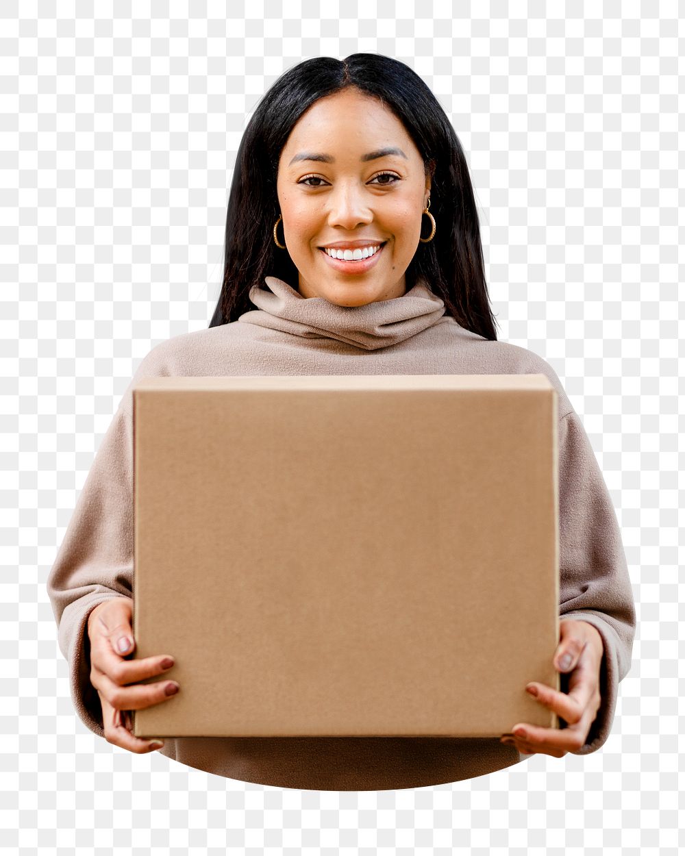 Png woman carrying box sticker, transparent background