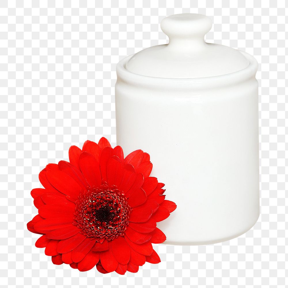 White jar png with flower, transparent background