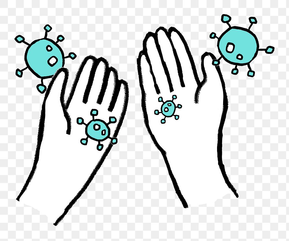Covid-19 germs png hands sticker, doodle on transparent background