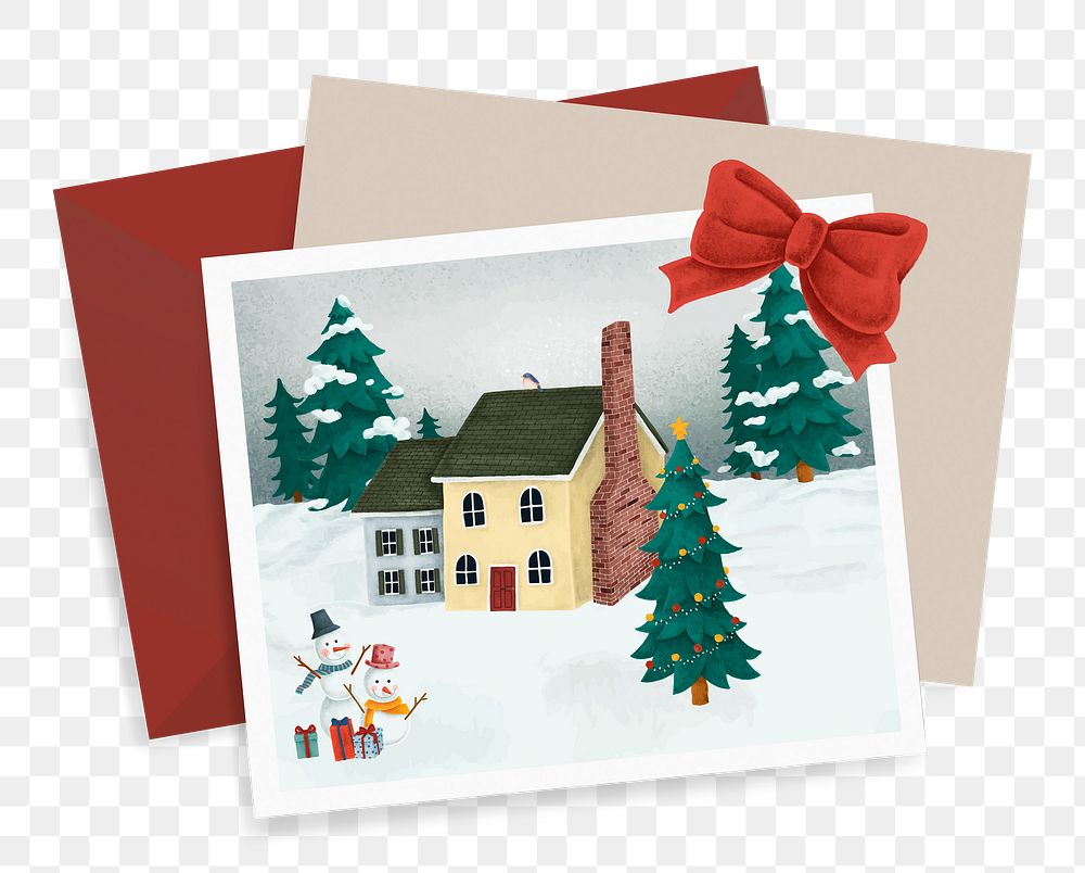 Christmas post card png sticker, cute cottage illustration, transparent background