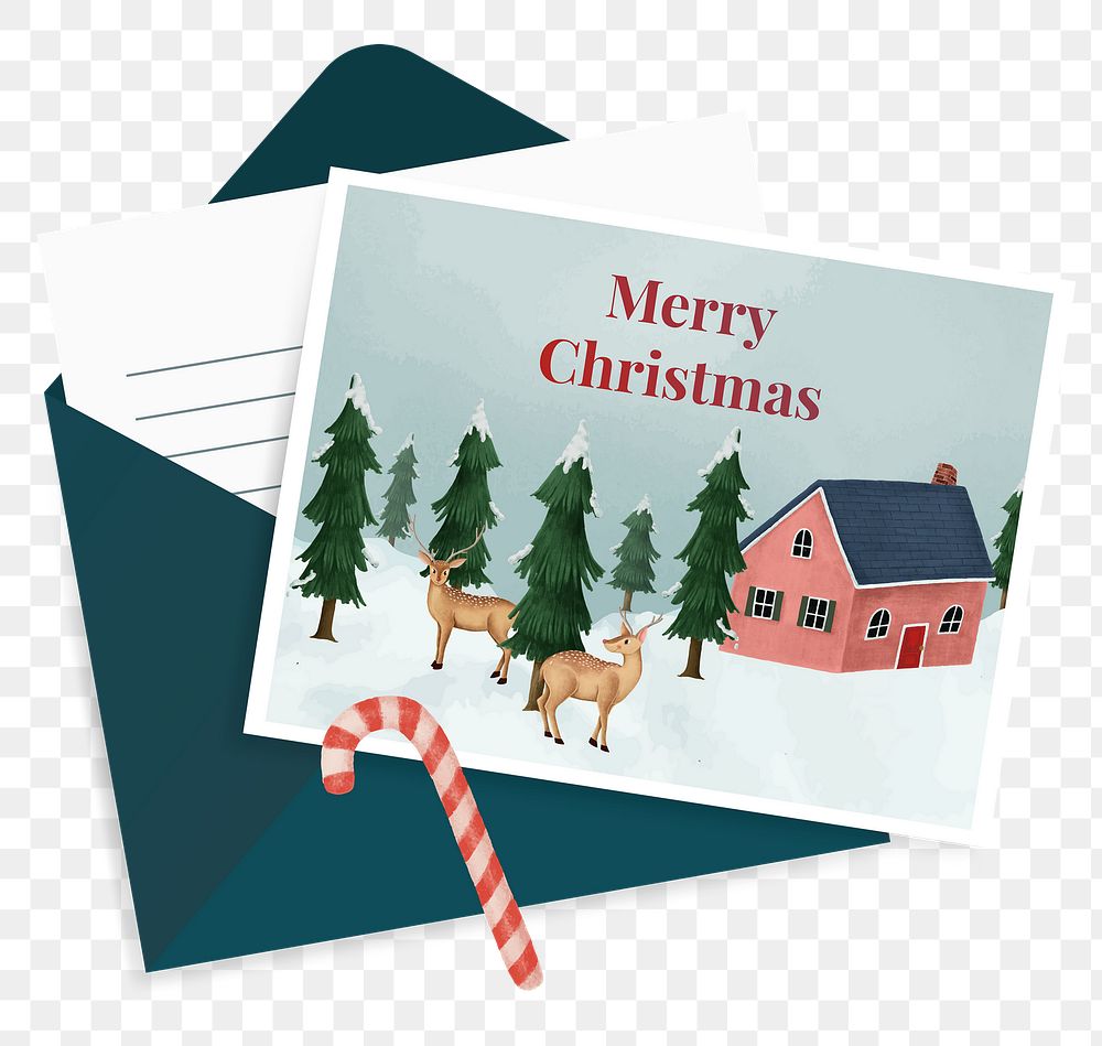 Merry Christmas png post card sticker, cute cottage, transparent background