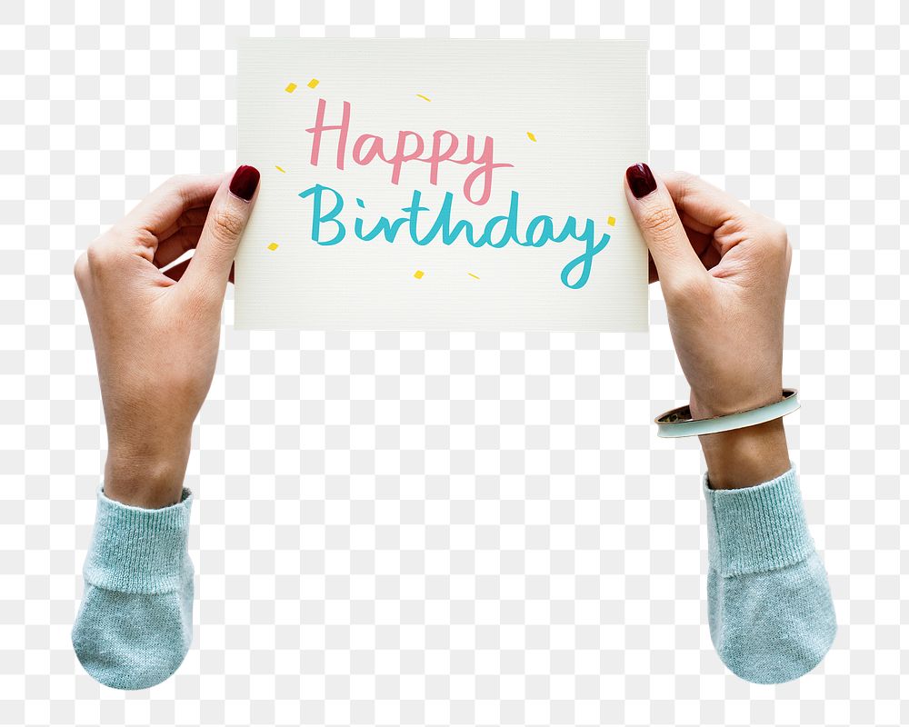 Happy Birthday png  card, woman holding note in transparent background