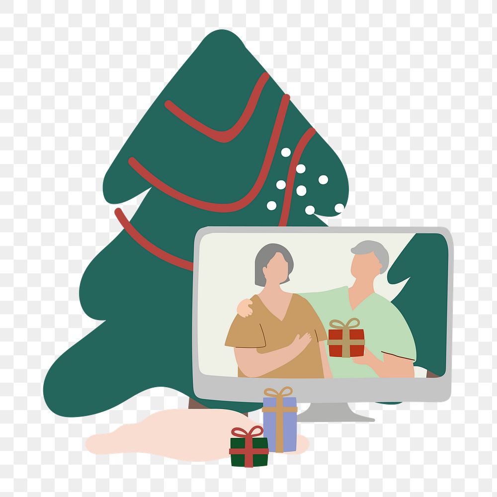 Online Christmas party png sticker, social distancing illustration, transparent background