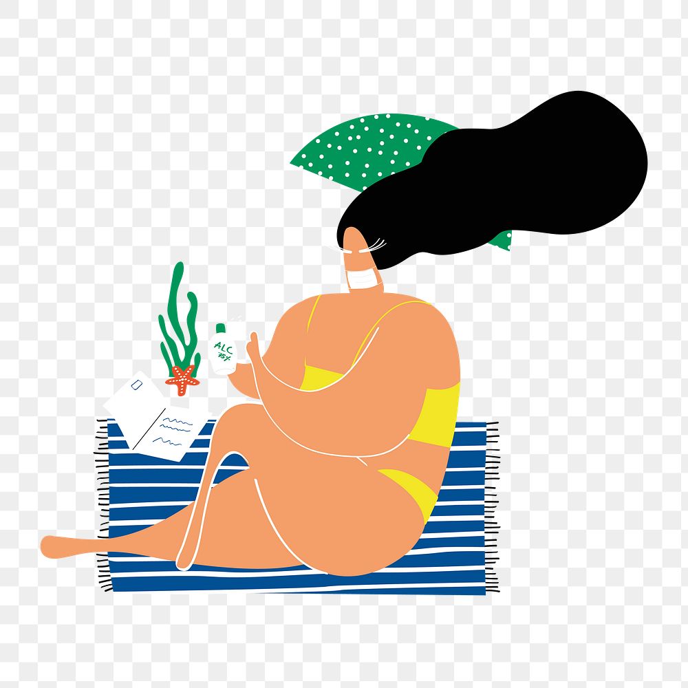 Woman sunbathing png sticker, wearing mask illustration, transparent background