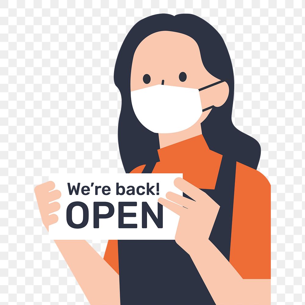 Barista holding png open sign, COVID-19 graphic, transparent background