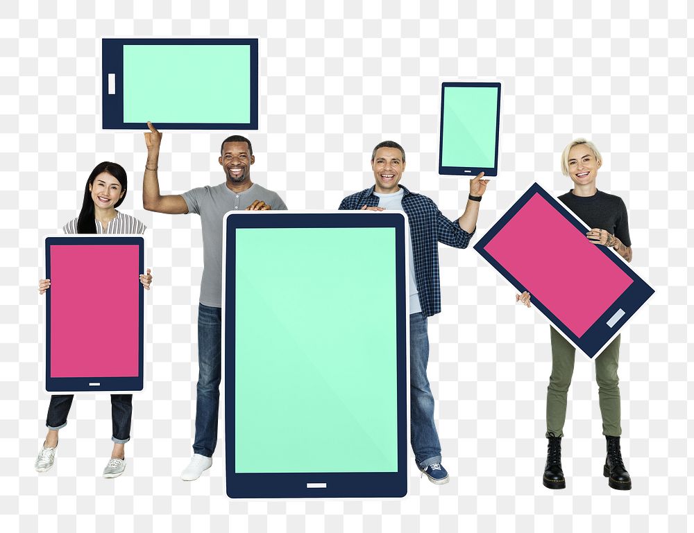 Digital tablets png sticker, diverse happy people, transparent background