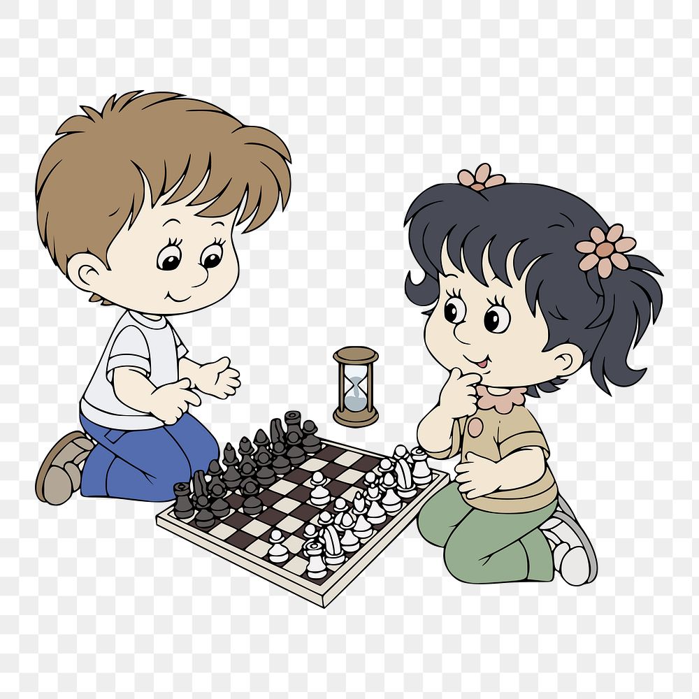PNG Kids playing chess clipart, transparent background. Free public domain CC0 image.