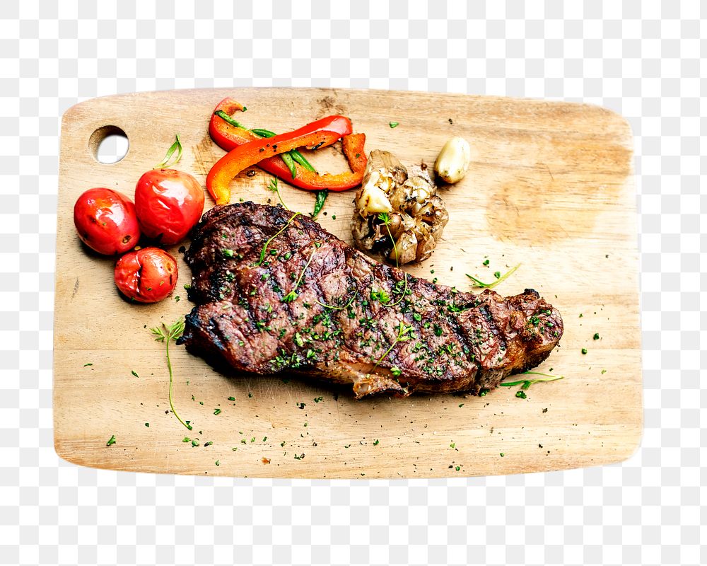 Grilled steak plate png sticker, transparent background