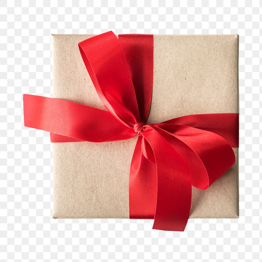 Gift wrapped png with a red ribbon in transparent background
