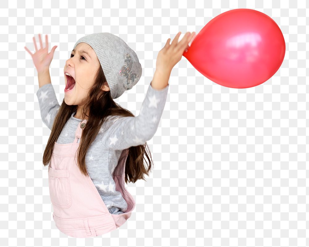 Girl png with red ballon having fun in transparent background