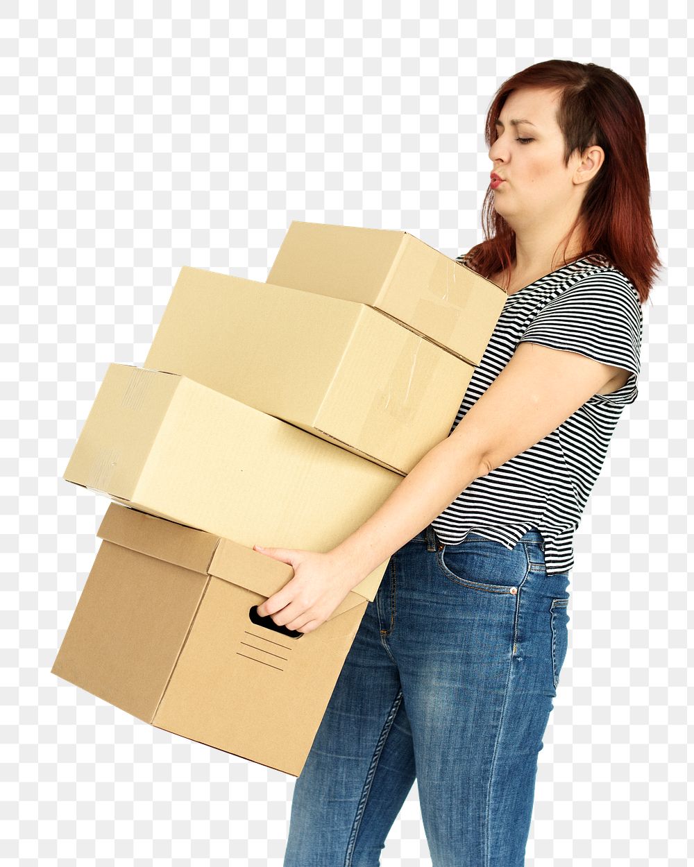 Woman holding boxes png sticker, transparent background