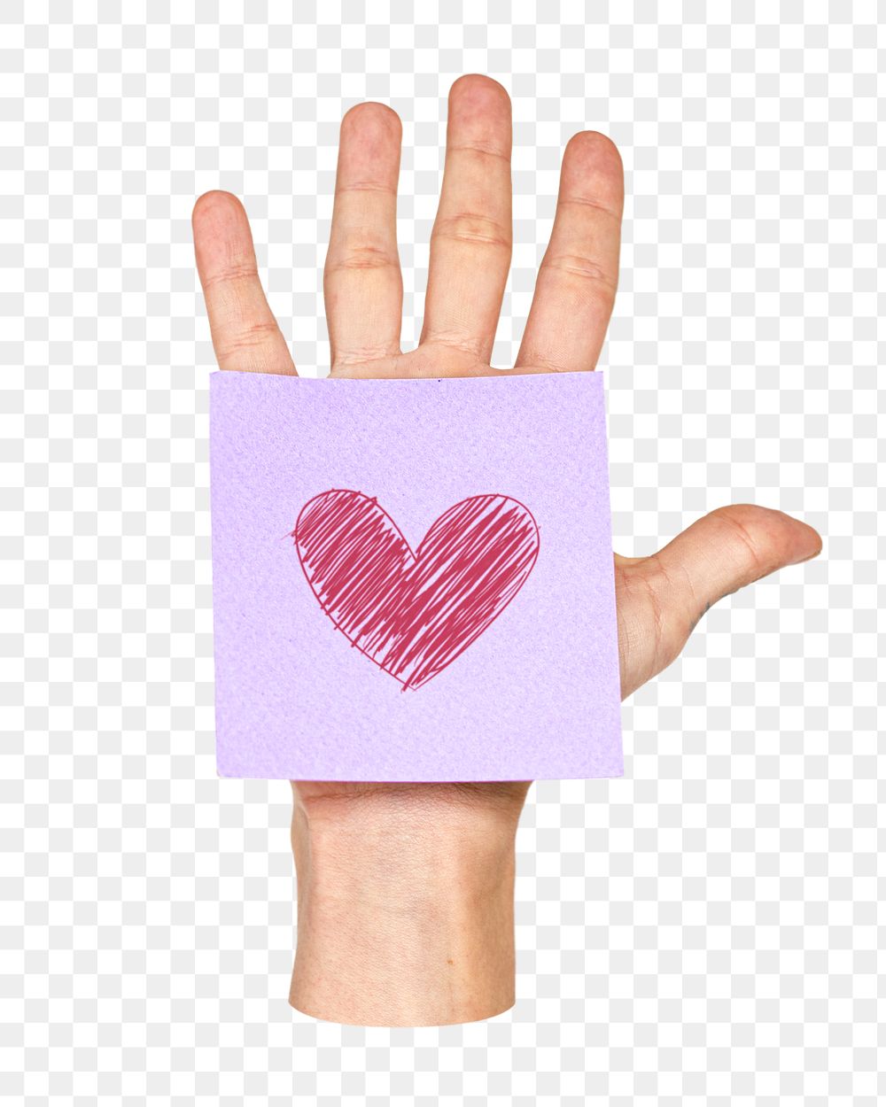 PNG heart doodle, sticky note on hand in transparent background