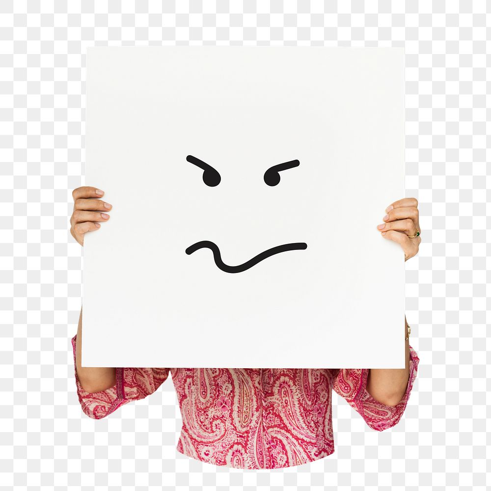Woman holding png angry face sign sticker, transparent background