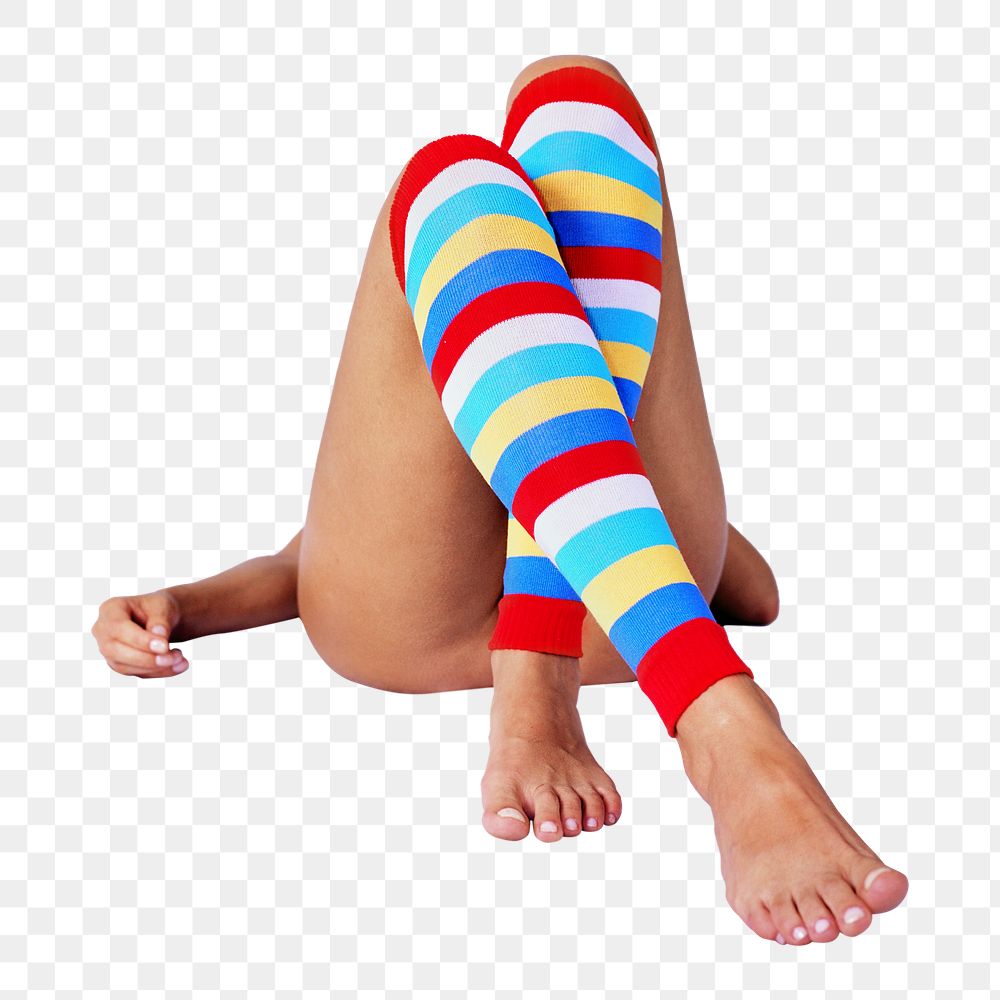 Png woman wearing rainbow leg warmers, transparent background