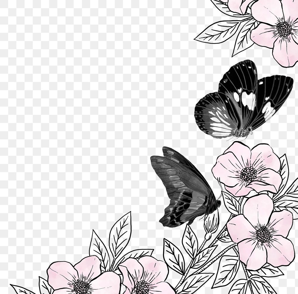 Floral butterfly png border, aesthetic illustration, transparent background. Remixed from the artwork of E.A. S&eacute;guy.