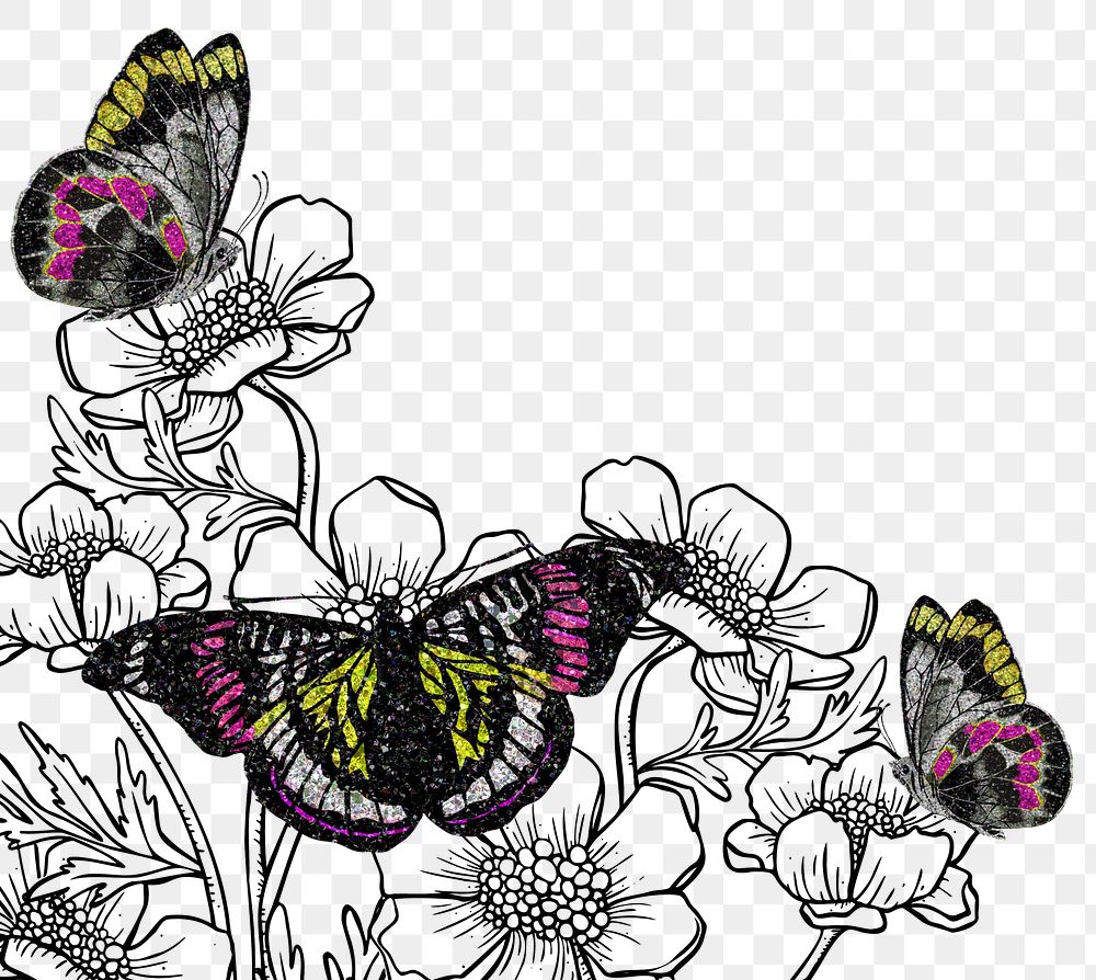 Floral butterfly png border, aesthetic illustration, transparent background. Remixed from the artwork of E.A. Séguy.