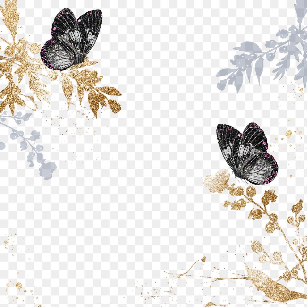 Floral butterfly png border frame, glittery aesthetic illustration, transparent background. Remixed from the artwork of E.A.…