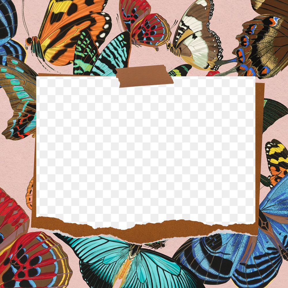Vintage butterfly patterned png frame, ripped note paper, transparent design. Remixed from the artwork of E.A. S&eacute;guy.