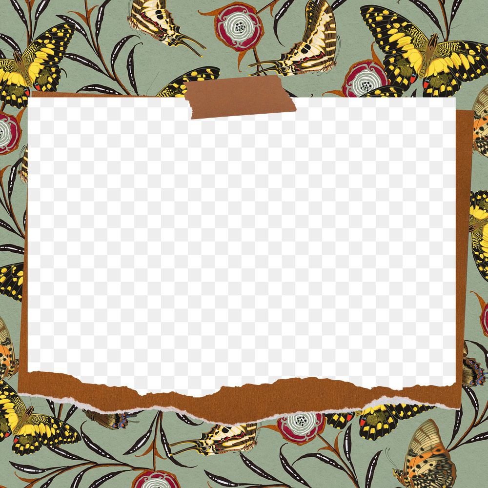 Vintage butterfly patterned png frame, ripped note paper, transparent design. Remixed from the artwork of E.A. S&eacute;guy.
