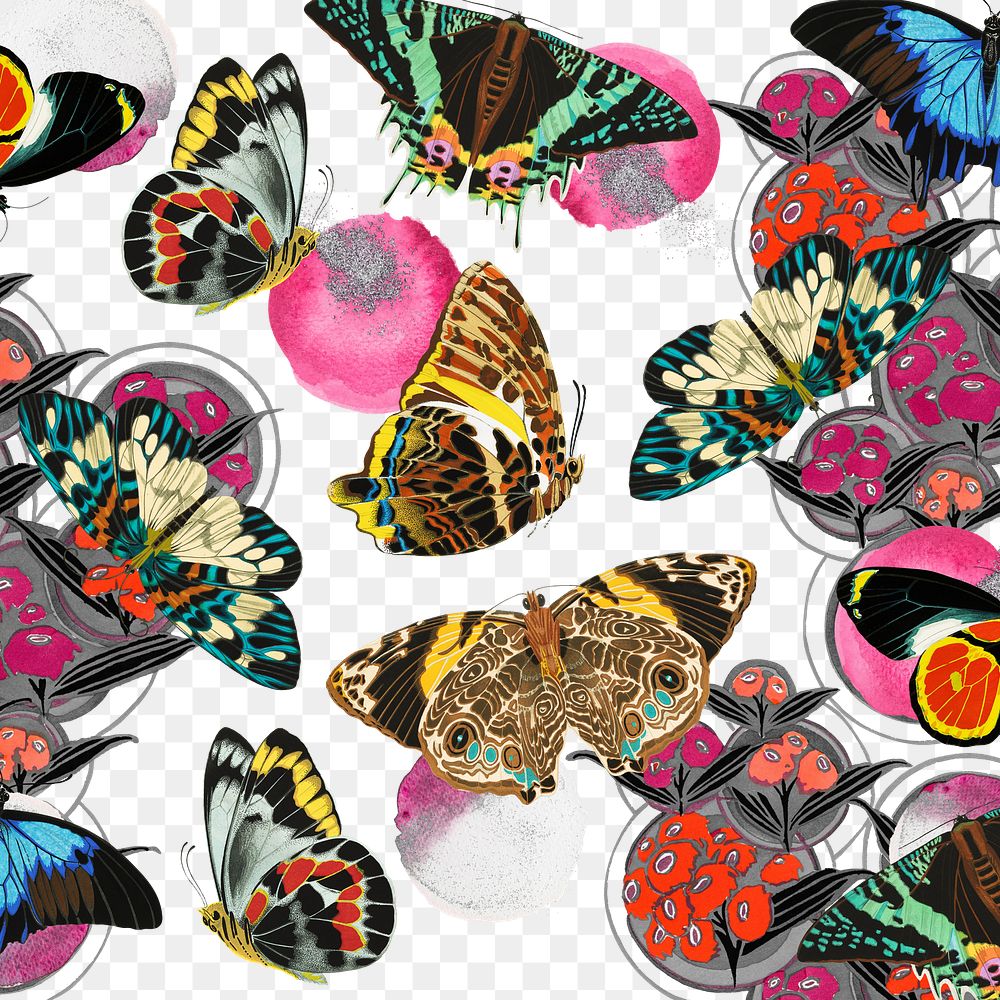 Vintage butterfly png pattern, transparent background, remixed from the artwork of E.A. S&eacute;guy