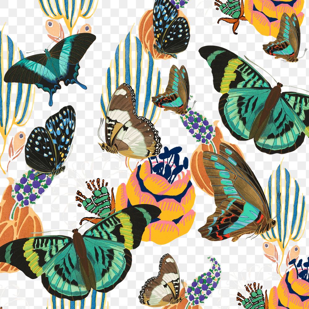 Exotic butterfly png vintage pattern, transparent background, remixed from the artwork of E.A. Séguy