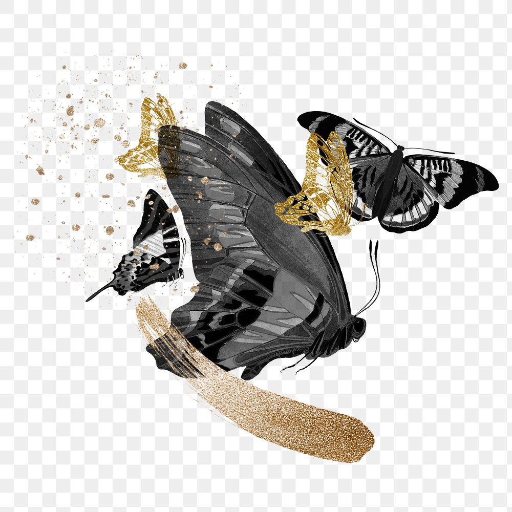 Gold glittery butterfly png sticker, aesthetic remix on transparent background