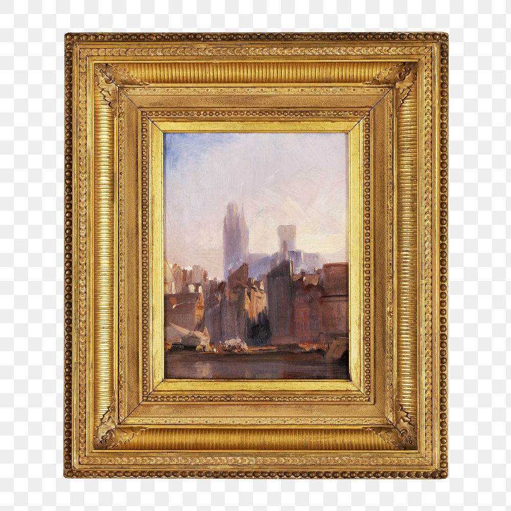 Framed Rouen Cathedral png, Sunrise painting, luxurious wall decor on transparent background, remixed by rawpixel.