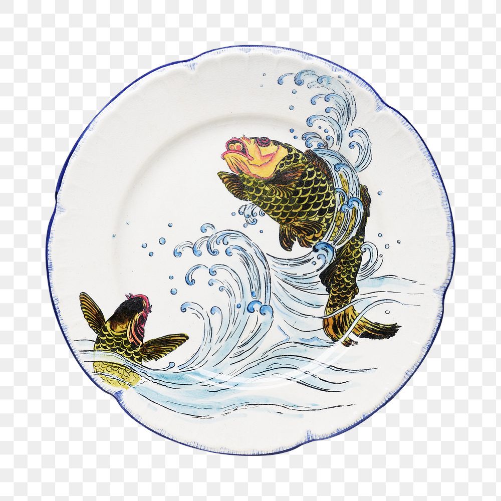 PNG fish ceramic plate sticker, transparent background.    Remastered by rawpixel