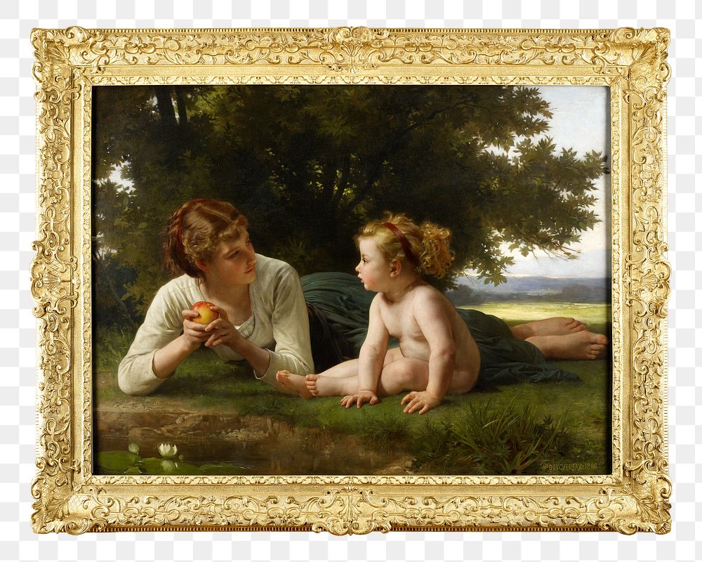 Framed William Bouguereau's png Temptation, famous painting on transparent background, remixed by rawpixel.