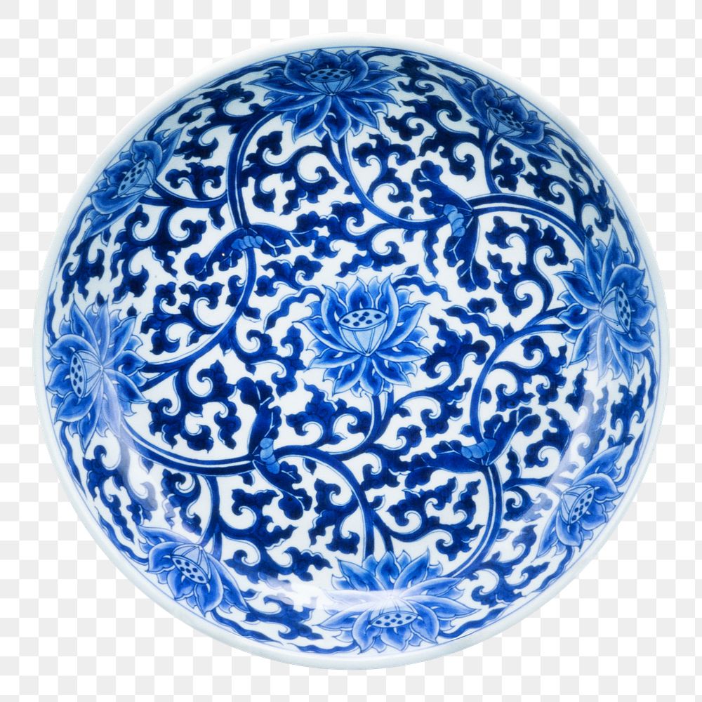 Porcelain dish png blue floral sticker, transparent background.    Remastered by rawpixel