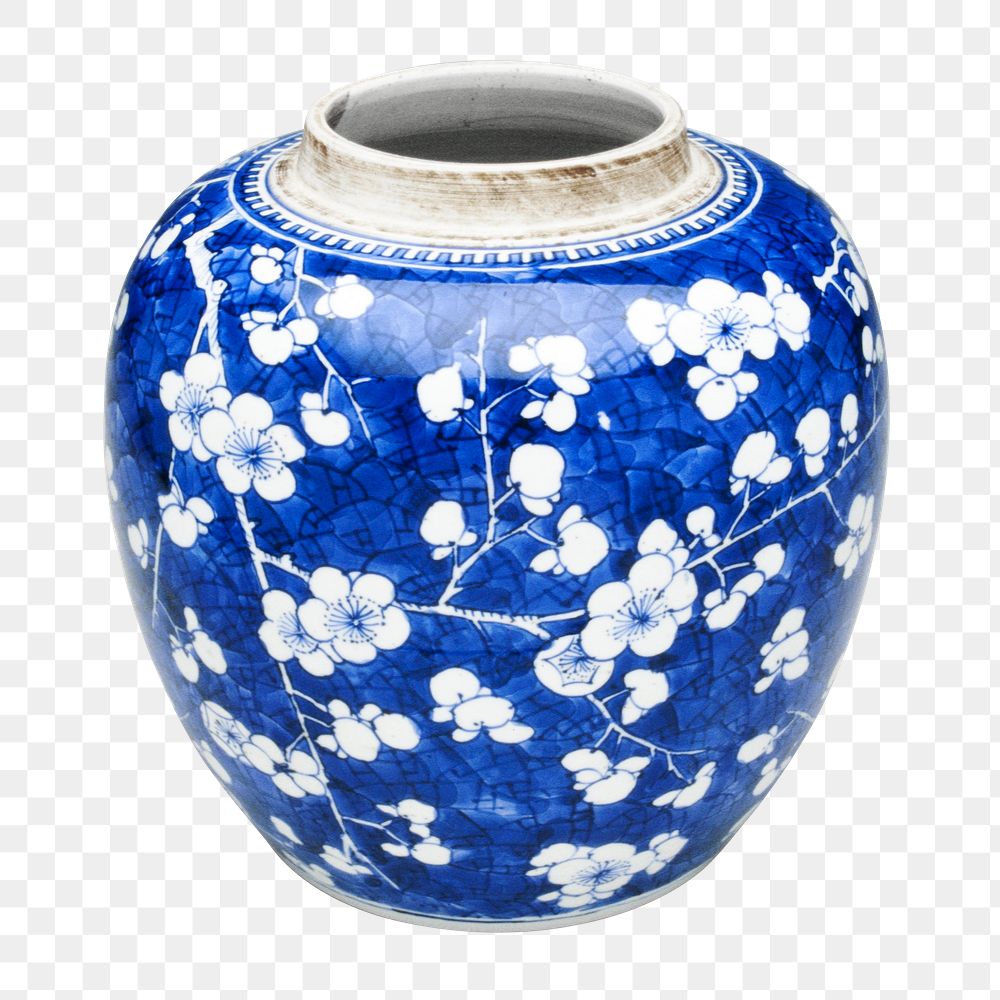 Blue jar png floral pattern sticker, transparent background.    Remastered by rawpixel