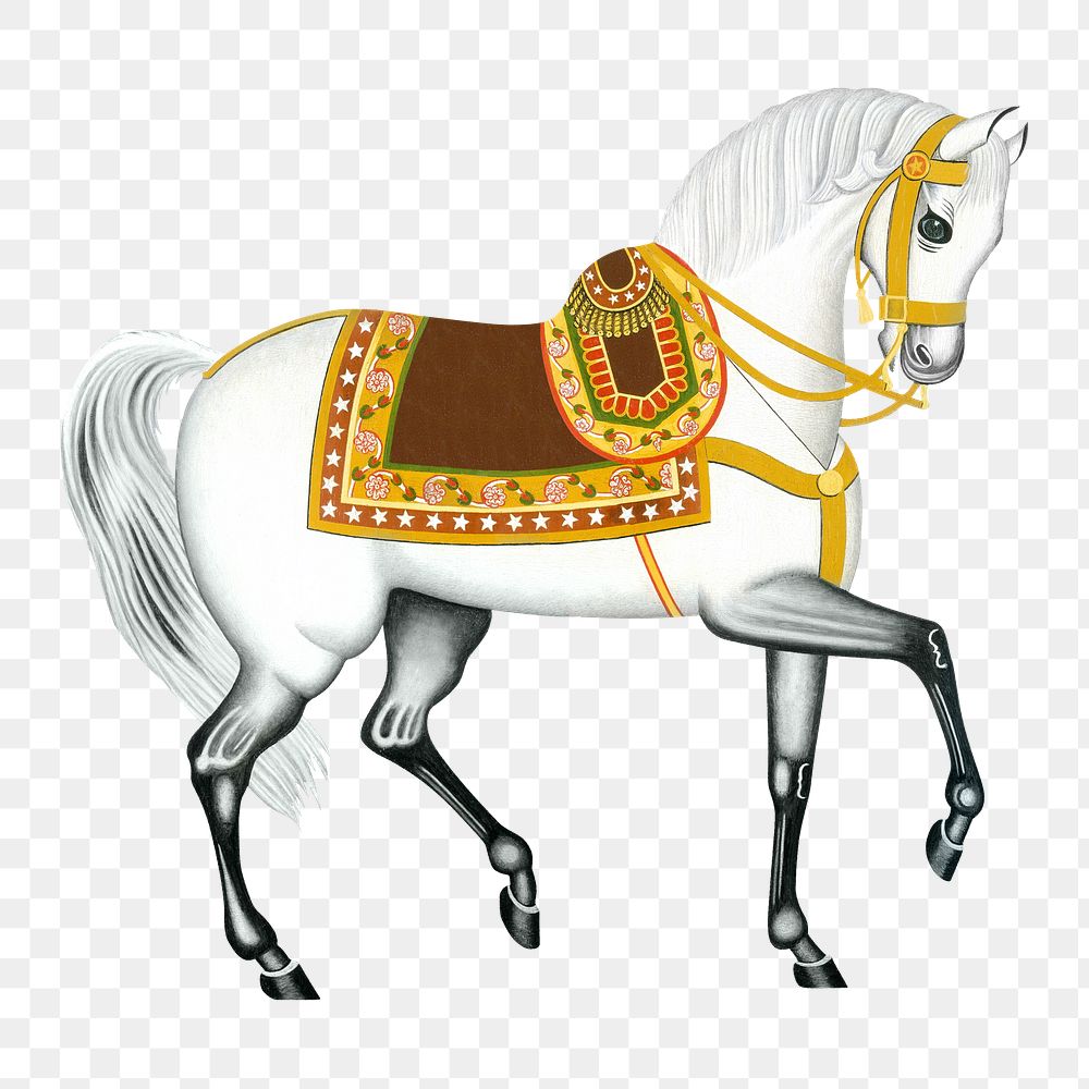 White vintage horse png sticker, charger on transparent background.    Remastered by rawpixel
