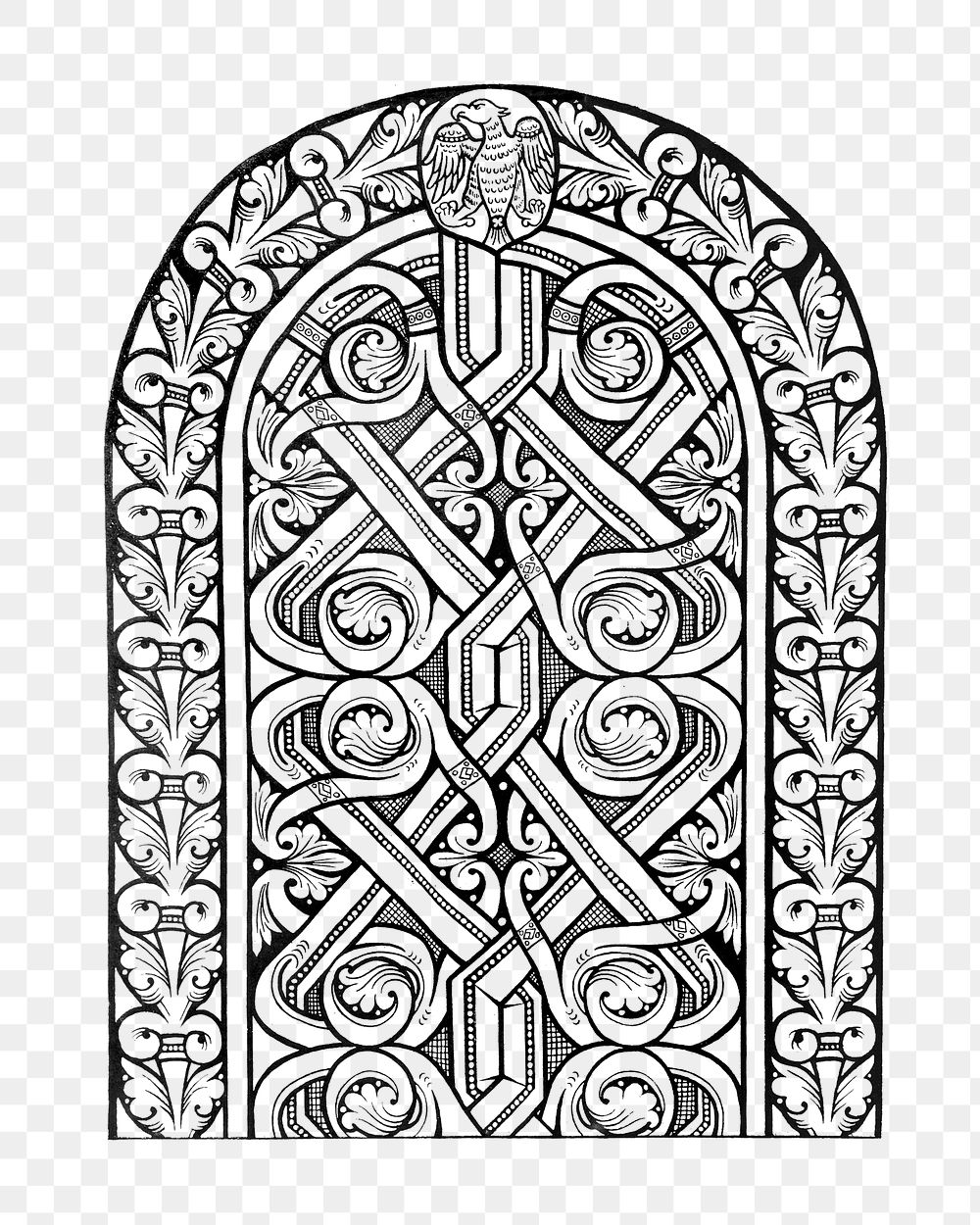 PNG stained glass window, black and white clipart, transparent background. Remixed by rawpixel.