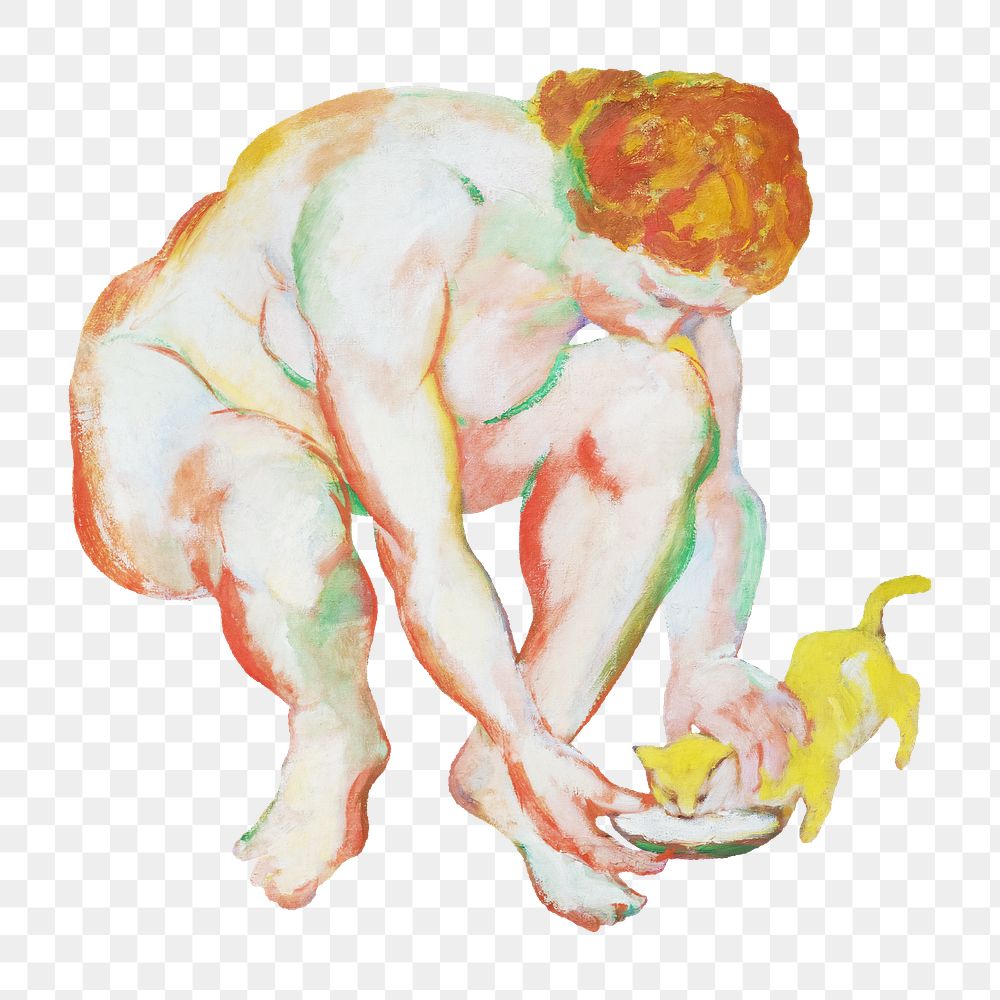 Franz Marc's png Nude with Cat on transparent background.   Remastered by rawpixel
