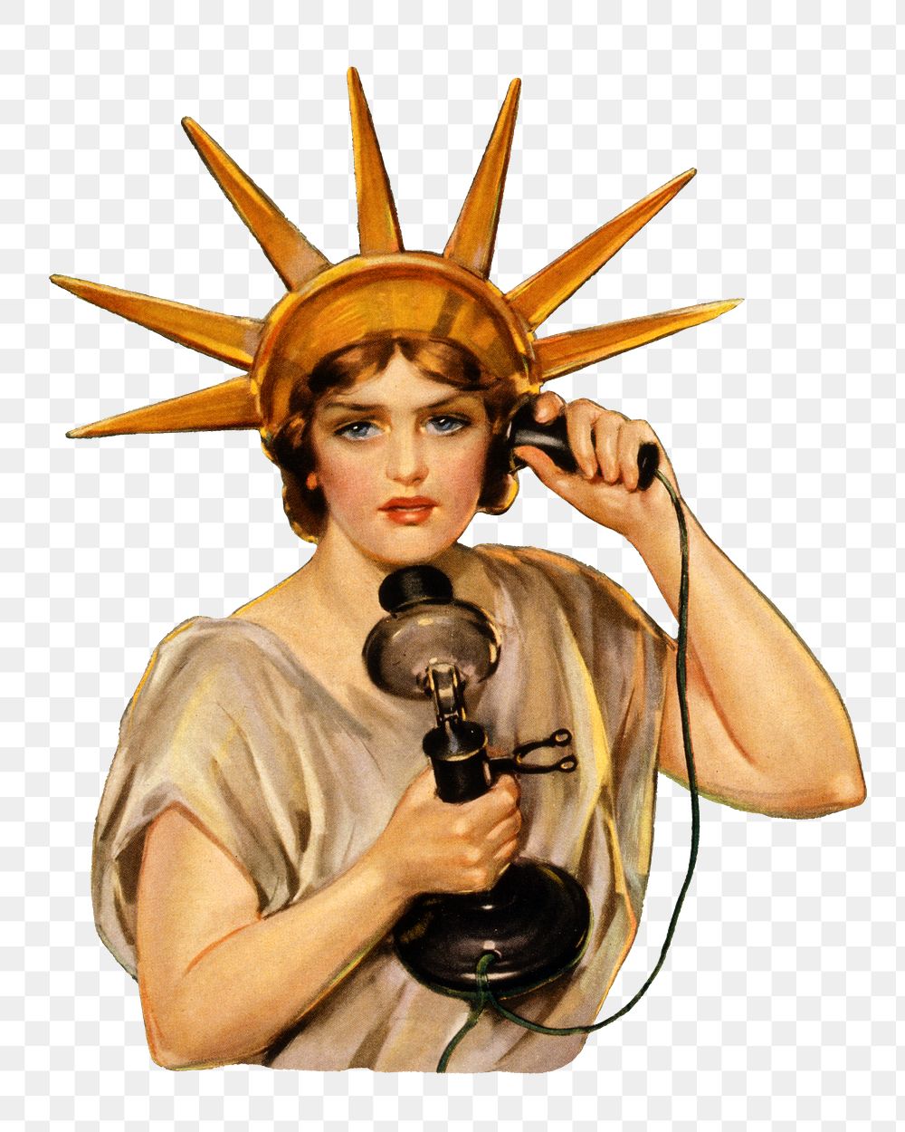 Statue of Liberty png making a call sticker, transparent background.  Remixed by rawpixel.