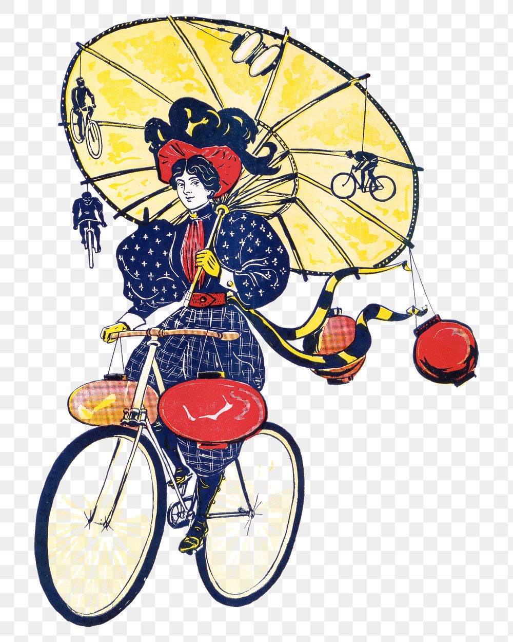 Vintage woman png sticker riding bicycle, transparent background.   Remixed by rawpixel.