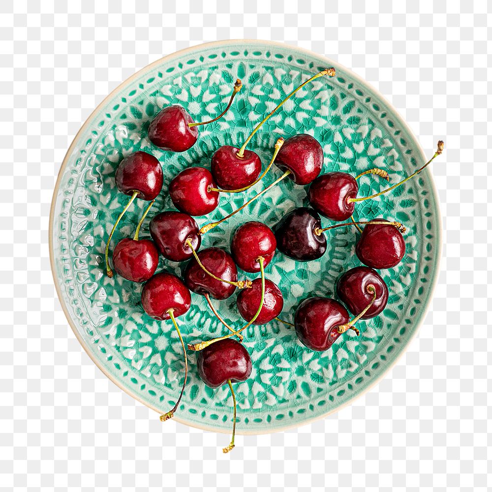 Fresh cherries png on a green plate flatlay in transparent background