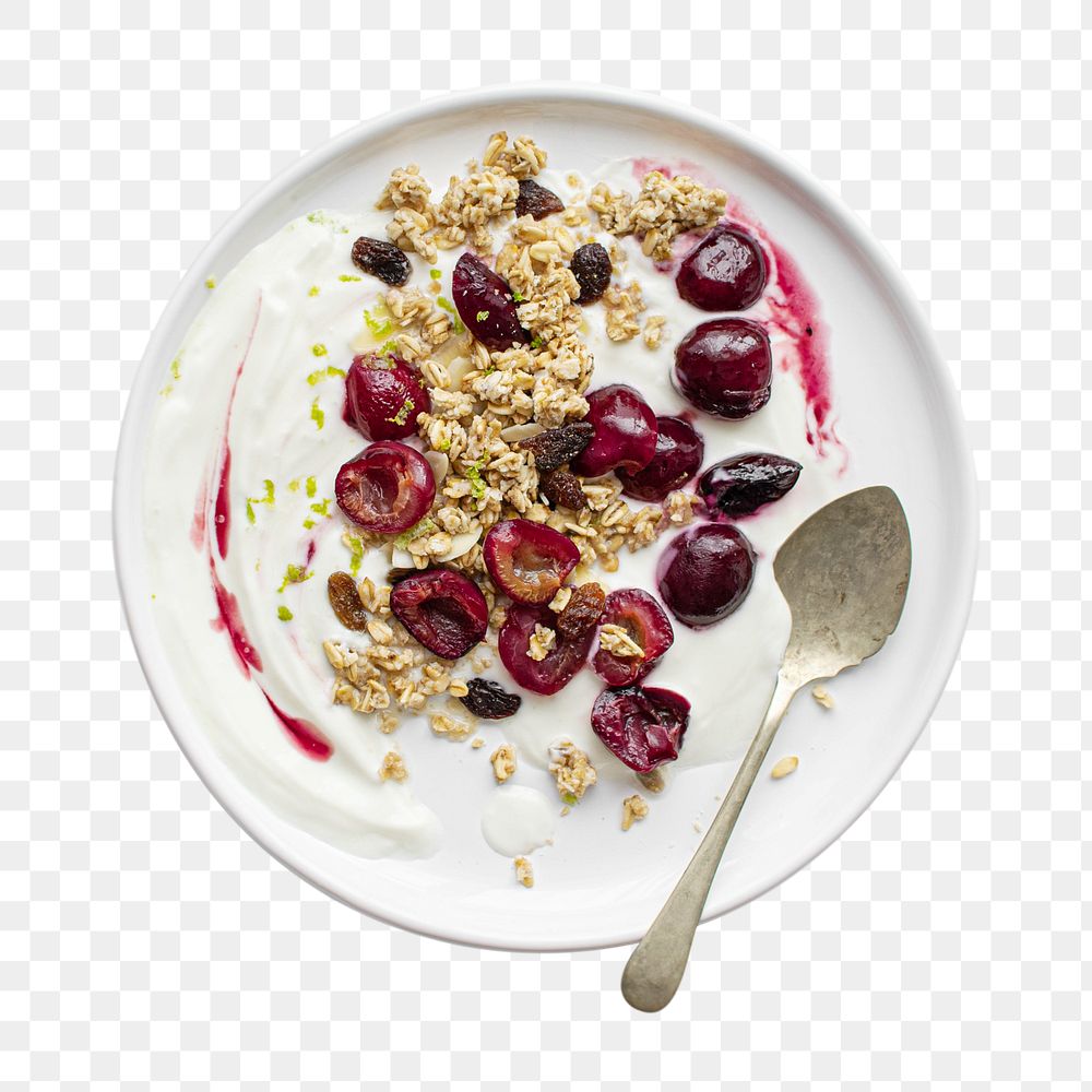 Greek yogurt png breakfast with cherries in transparent background