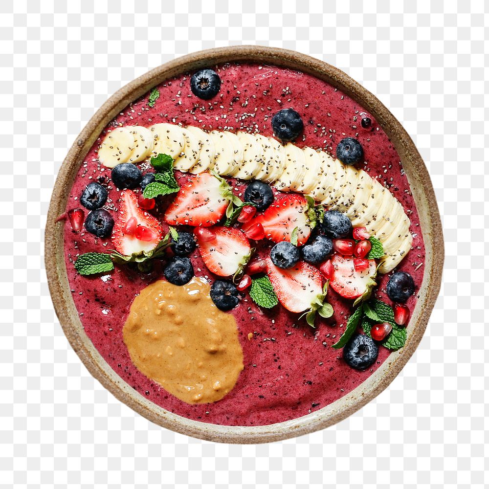 PNG acai bowl filled with good antioxidants in transparent background